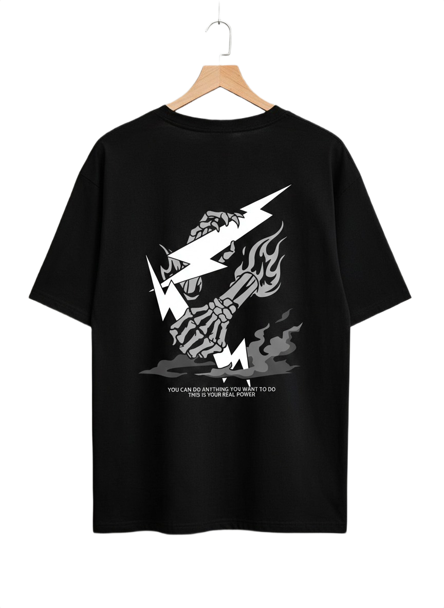 Lightning Skull Oversized Graphic T-Shirt – Black