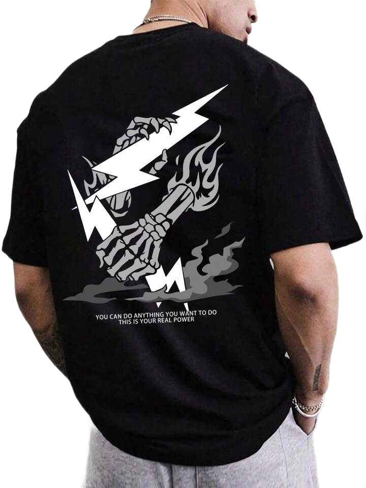 Lightning Skull Oversized Graphic T-Shirt – Black