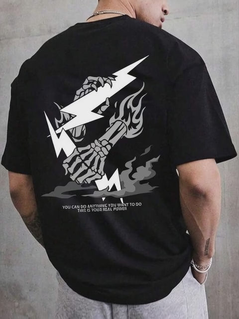Lightning Skull Oversized Graphic T-Shirt – Black
